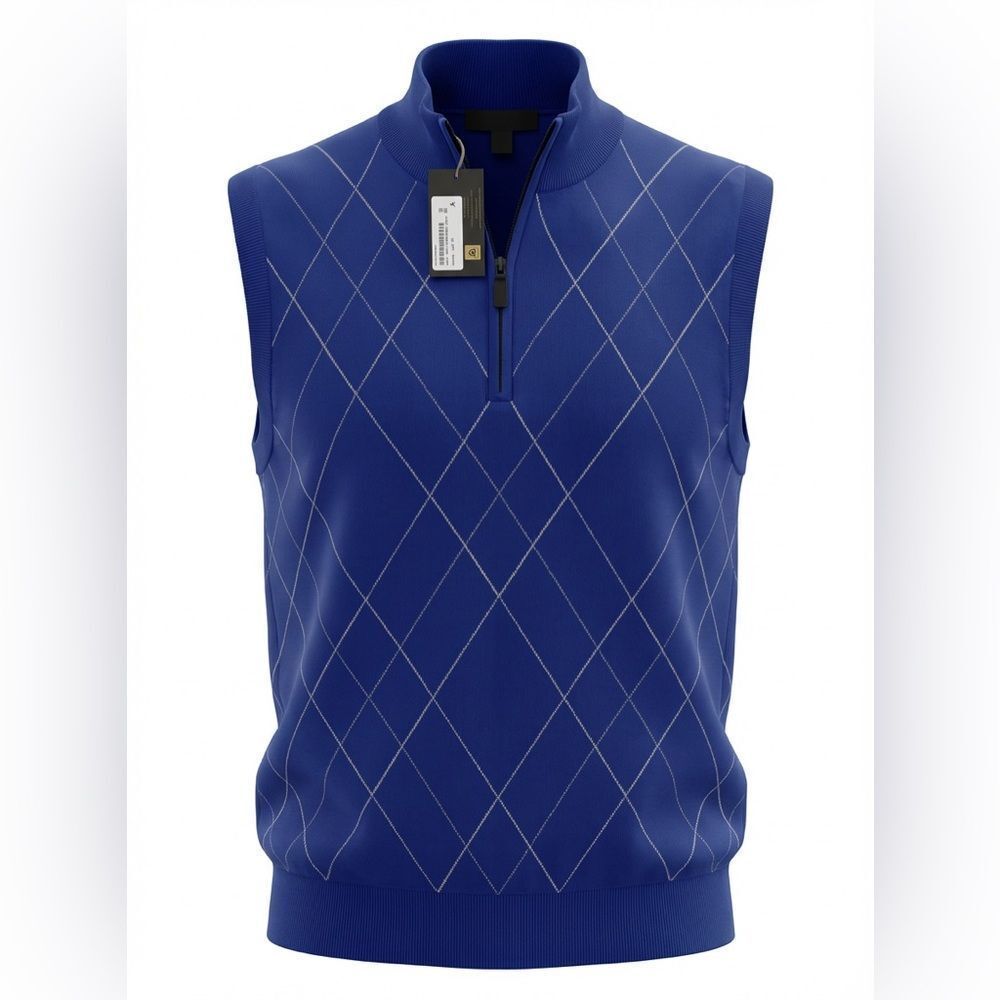 The Ace Club Mens Cashmere Vest Blue With Criss Cross Stripes Size L 1/4 Zip